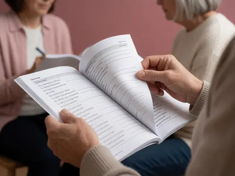 Close-up of adult hands turning pages of a grammar exercise book with lined paper against a pink wall, illustrating language study and learning.