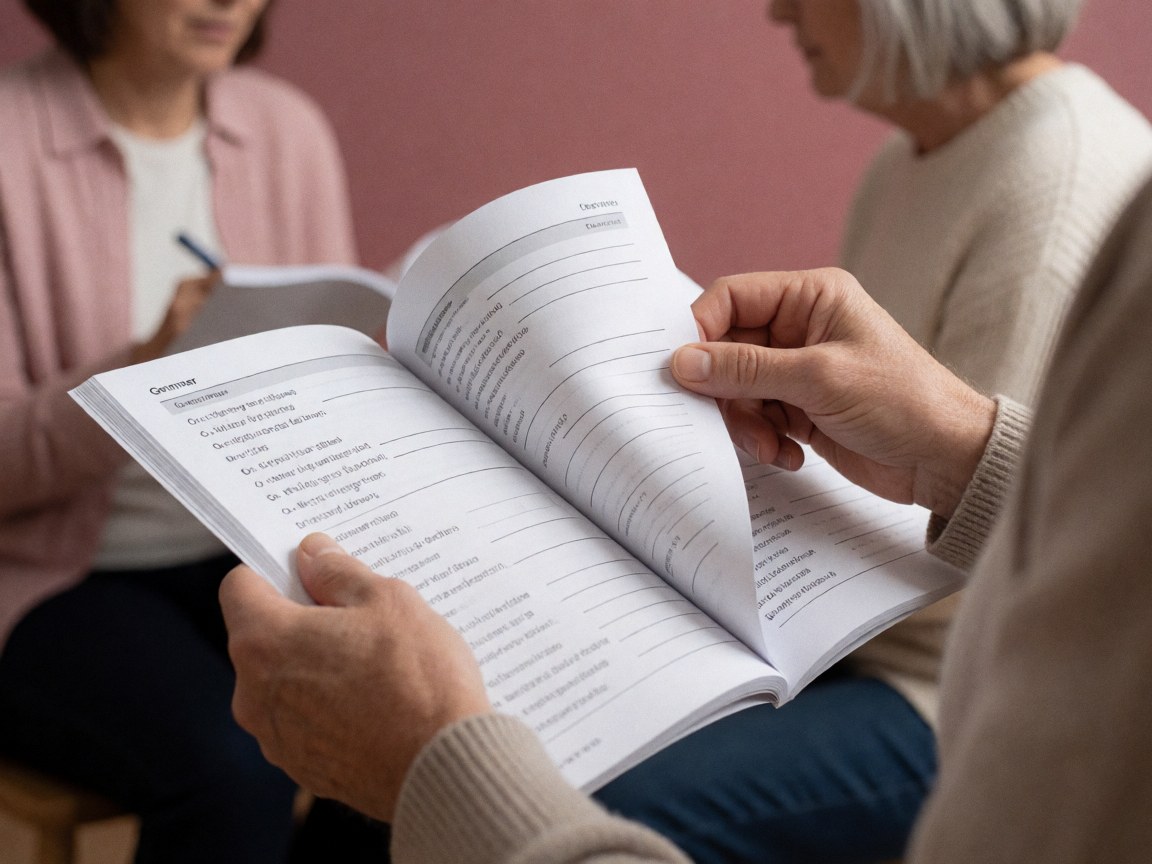 Close-up of adult hands turning pages of a grammar exercise book with lined paper against a pink wall, illustrating language study and learning.
