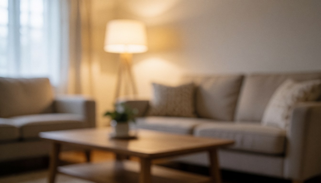 Cozy living room interior with sofa, coffee table, and lamp, ideal background for real estate text overlays