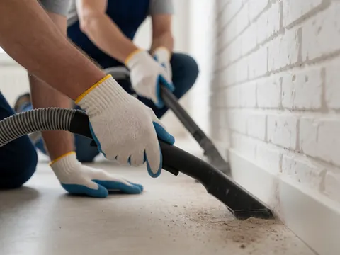 Close-up of a worker wearing gloves using a vacuum cleaner on a tiled floor next to a white brick wall during a home move