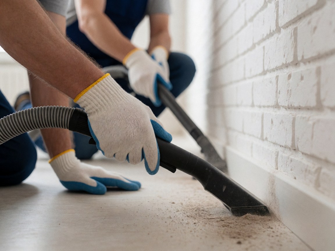 Close-up of a worker wearing gloves using a vacuum cleaner on a tiled floor next to a white brick wall during a home move