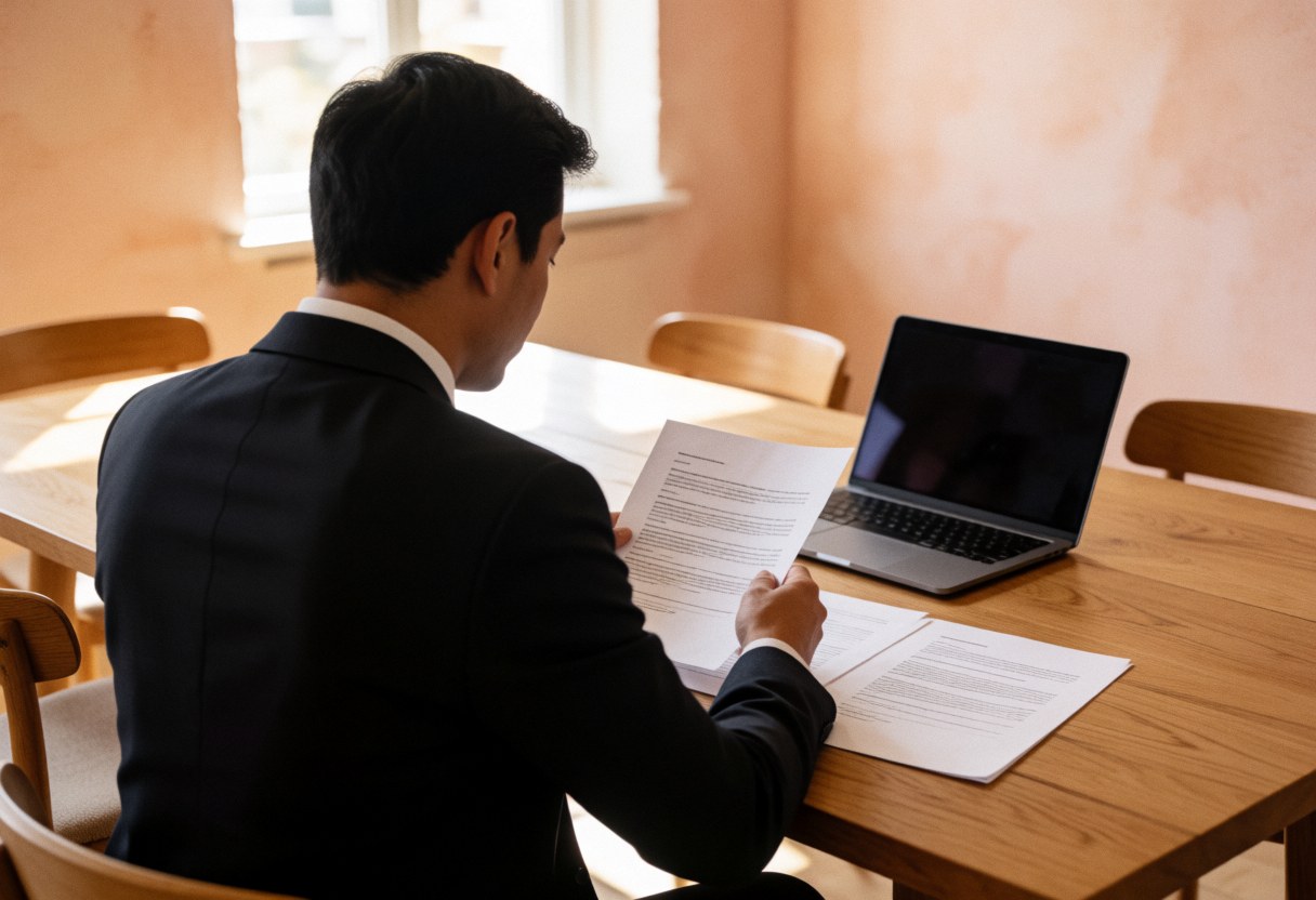 Accountant in dark suit reviewing documents on wooden desk with laptop, terracotta walls, and natural light in professional office setting