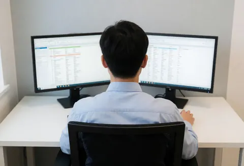 Close-up view of a professional accountant working at a modern office desk with dual computer monitors displaying financial data and spreadsheets