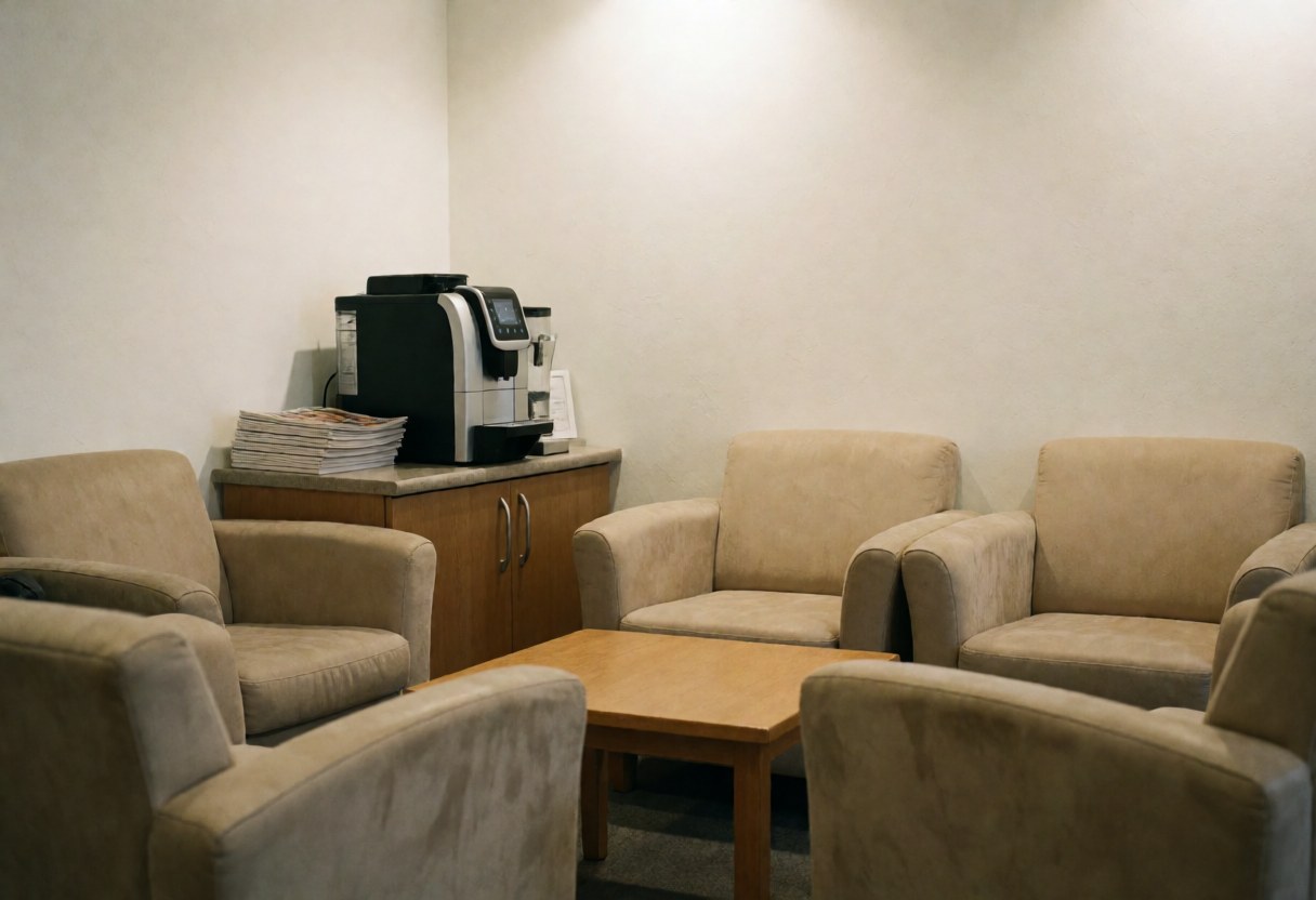 Cozy waiting area featuring beige chairs, a wooden table, and a coffee machine, designed for accounting clients.