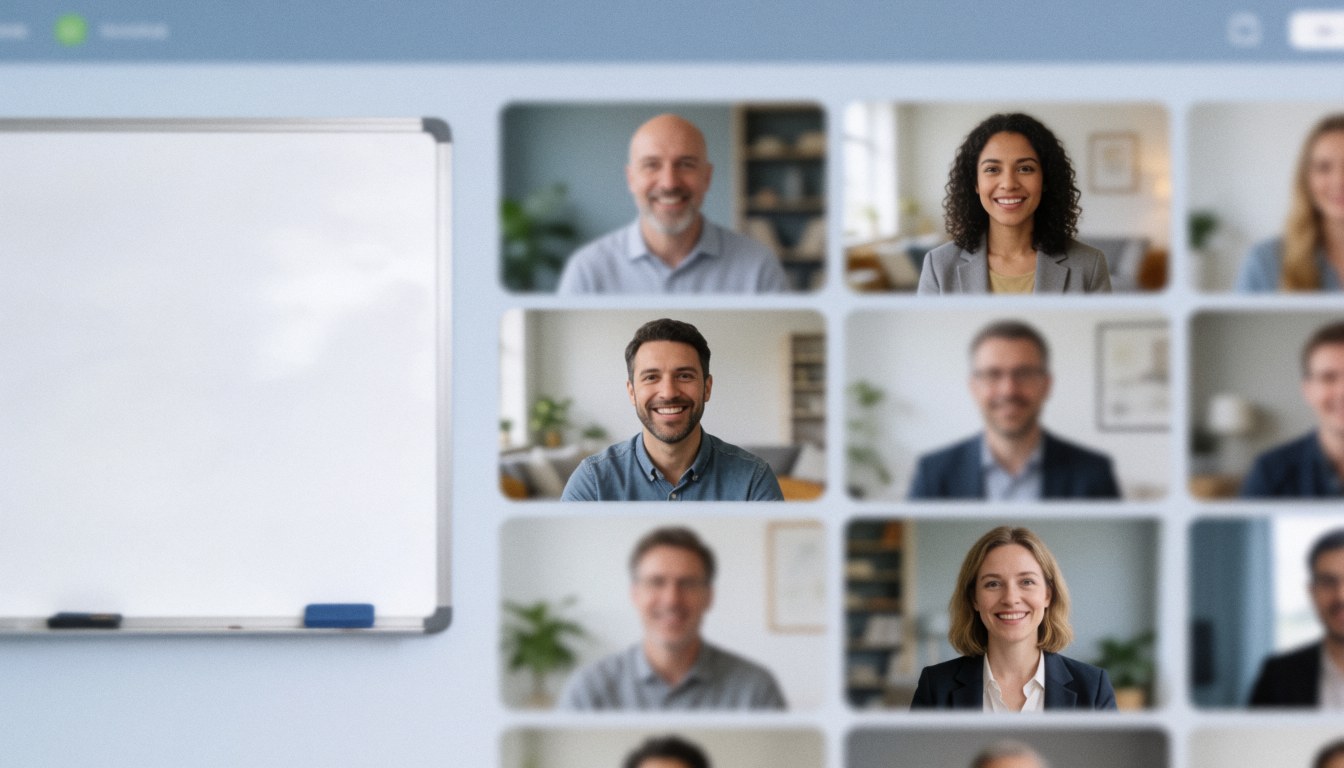 Video conference interface with a whiteboard, ideal for online courses, featuring soft blue and gray tones in a professional and calm environment.