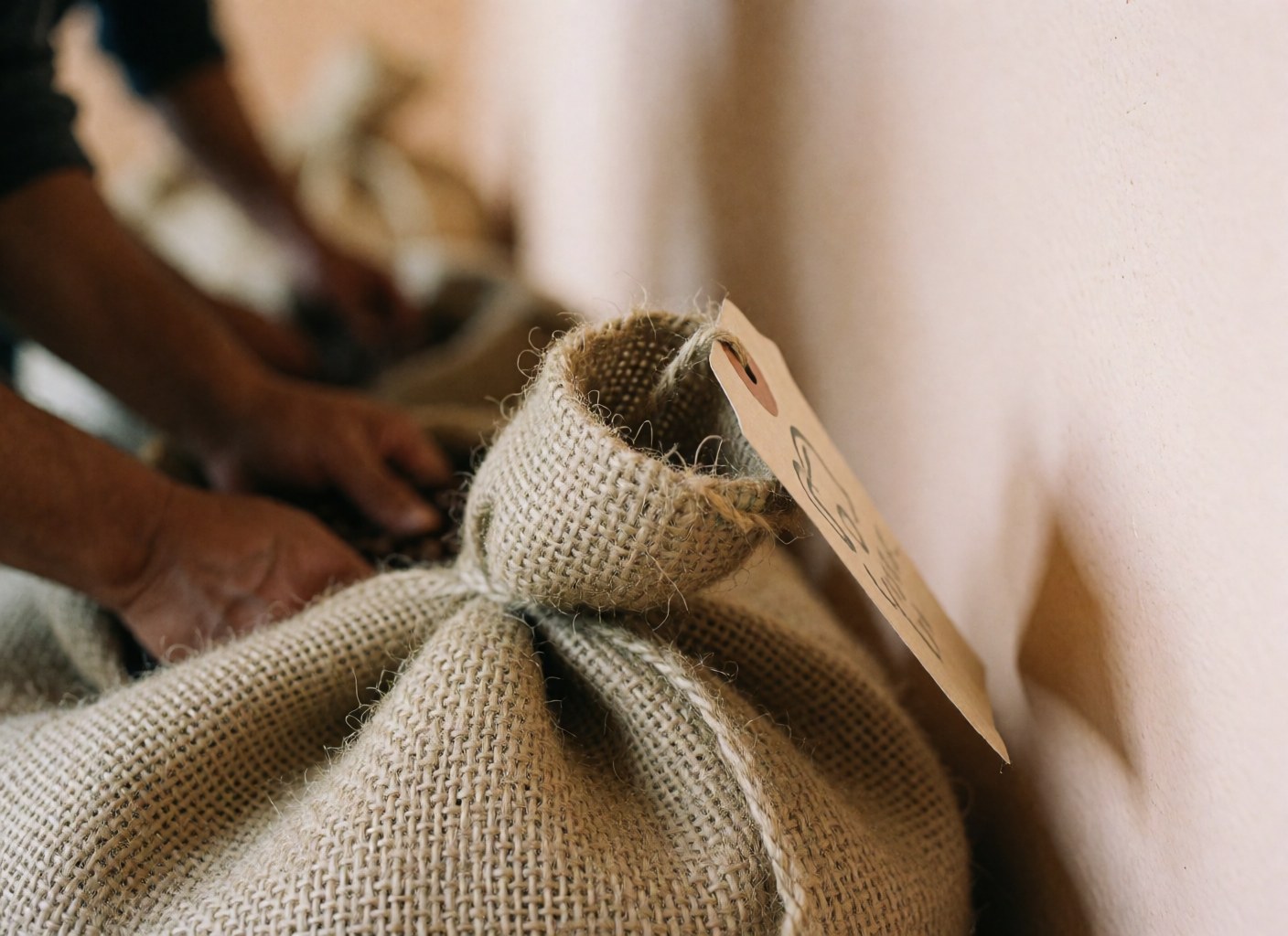 Close-up of a coffee sack with a white label and thick rope, with hands working in the background against a beige wall, illustrating finance and banking concepts.