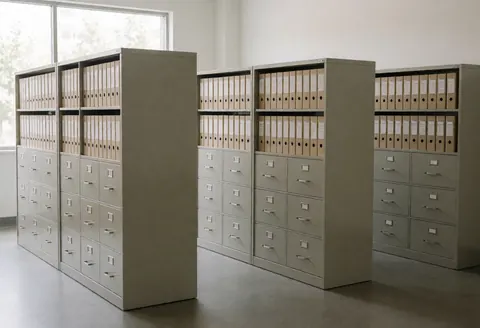 Rows of neatly arranged filing cabinets and storage boxes in a clean, organized office space used for accounting and business documentation.