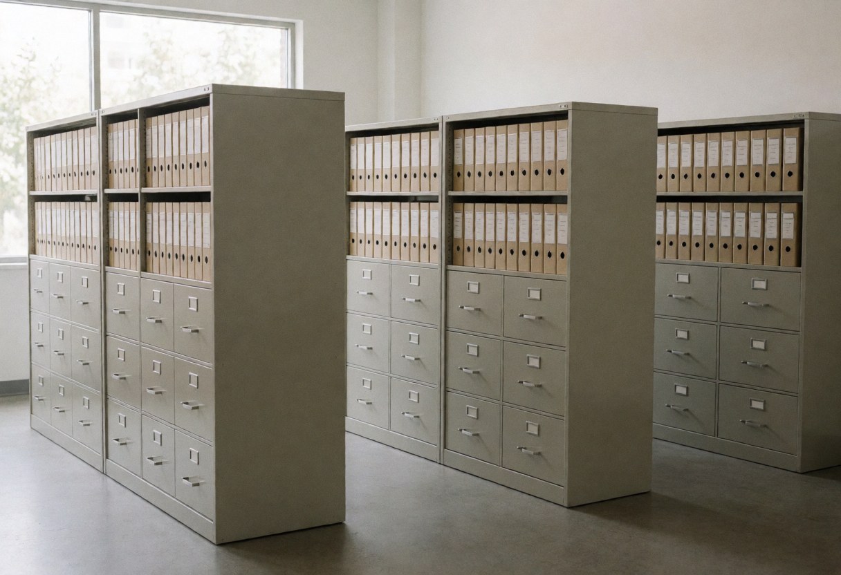 Rows of neatly arranged filing cabinets and storage boxes in a clean, organized office space used for accounting and business documentation.