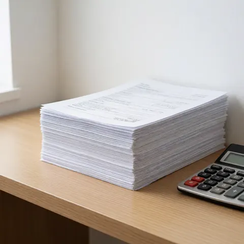 Neat pile of tax papers and a calculator on a light wood desk with natural lighting for accounting services