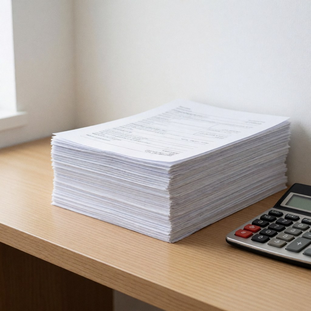 Neat pile of tax papers and a calculator on a light wood desk with natural lighting for accounting services