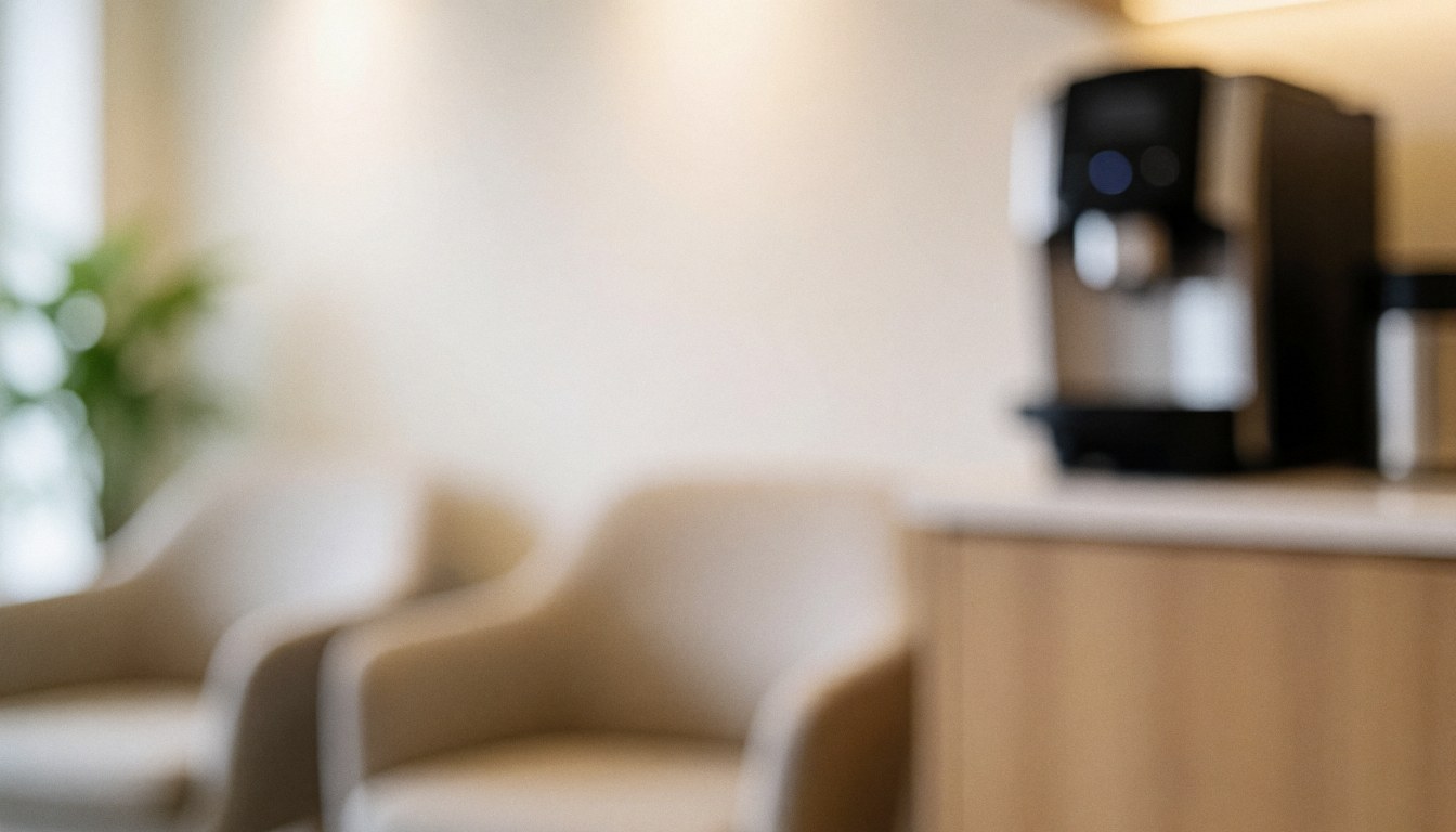 A blurred background of a quiet office waiting area featuring chairs and a coffee machine, suitable for text overlay in accounting contexts