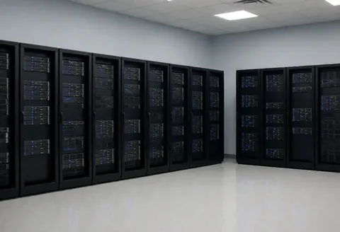 Empty black server racks with LED lights in a clean data center with reflective floor and gray walls for tech startups