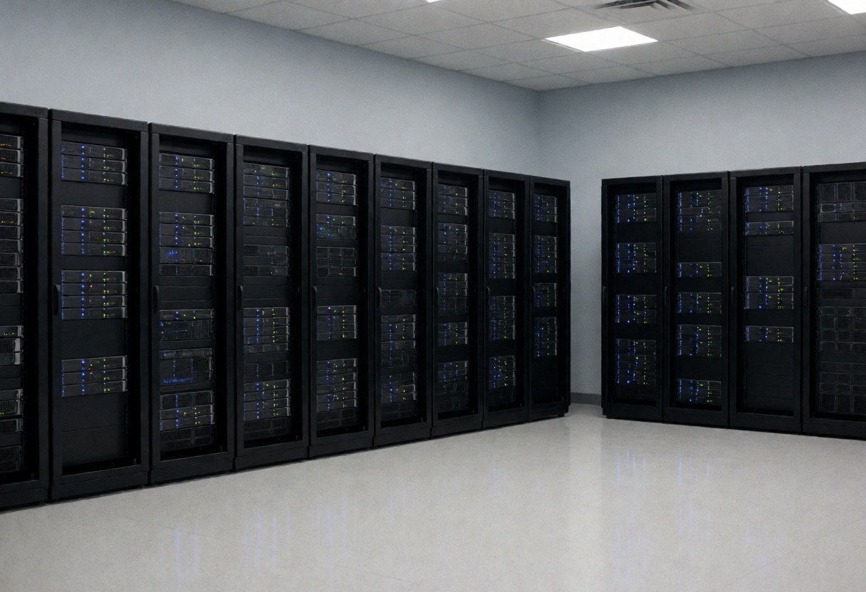 Empty black server racks with LED lights in a clean data center with reflective floor and gray walls for tech startups