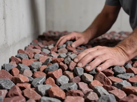 Worker's hands placing red and gray gravel in a garden with a concrete wall, showing natural texture and bright light