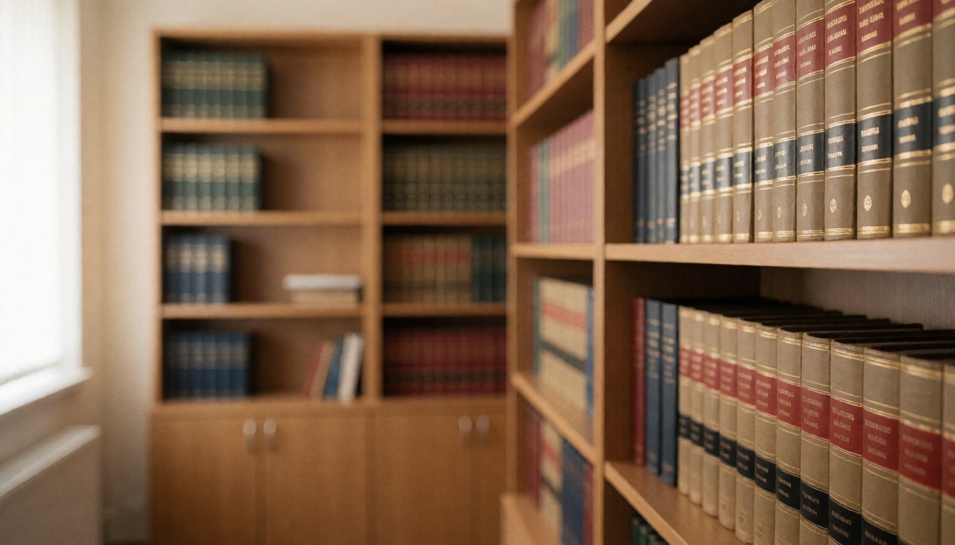 Rows of bookshelves filled with legal books in a library setting, providing a professional background for text overlays.