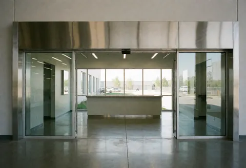 Modern manufacturing facility entrance featuring a reception desk, metallic walls, polished floors, and large windows letting in natural light.