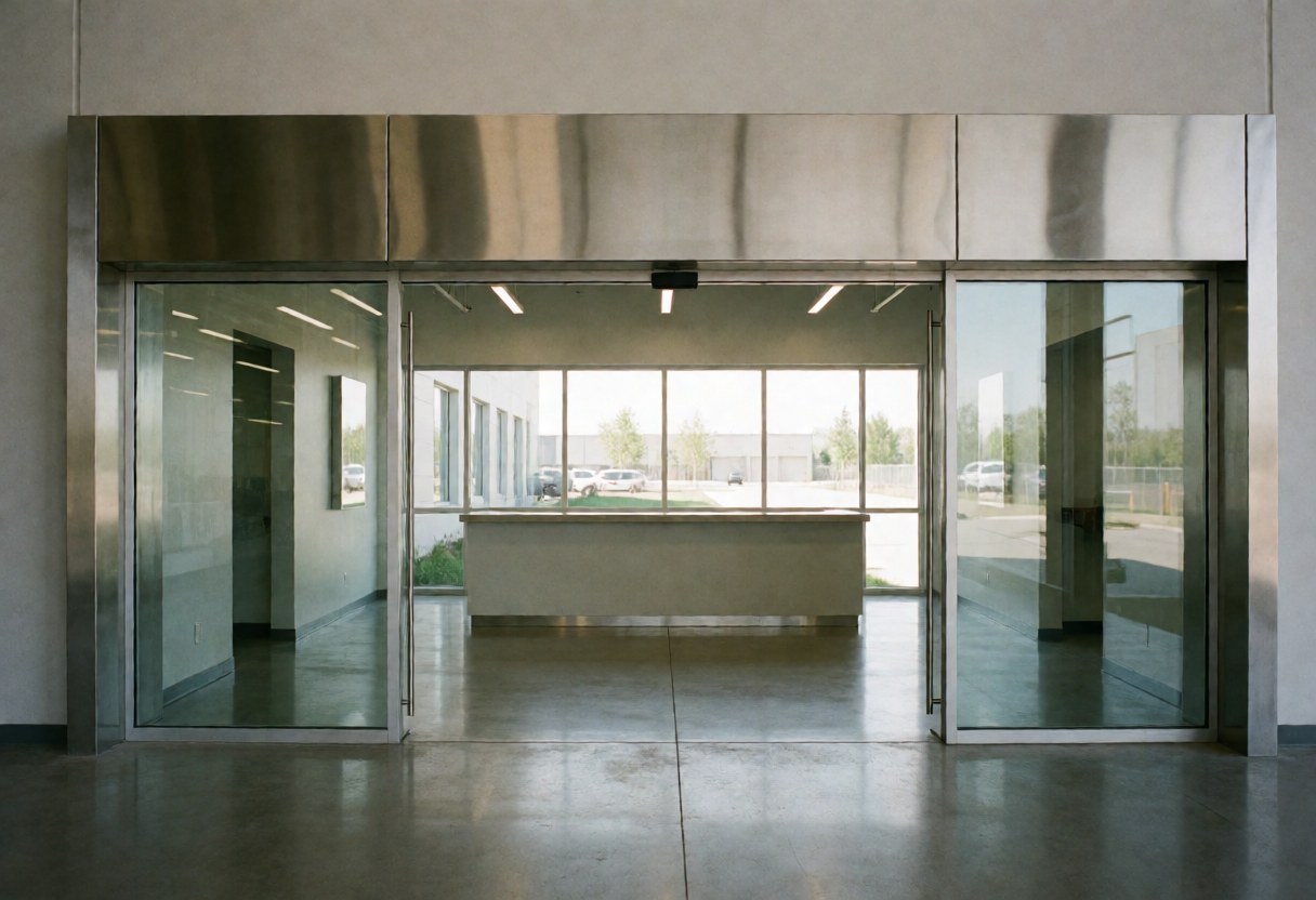 Modern manufacturing facility entrance featuring a reception desk, metallic walls, polished floors, and large windows letting in natural light.