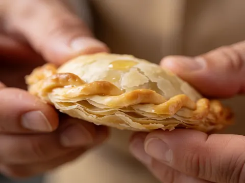 Detailed macro shot of the crimped and sealed edge of a baked pastry crust, highlighting the texture and golden-brown finish of the dough.