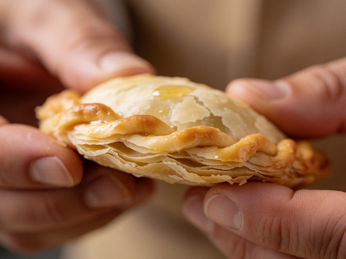 Detailed macro shot of the crimped and sealed edge of a baked pastry crust, highlighting the texture and golden-brown finish of the dough.