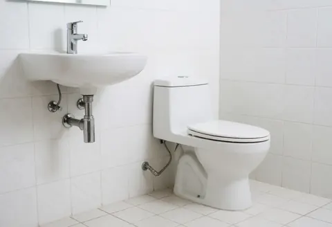 Modern clean bathroom featuring a white toilet, sink, and chrome faucet with white ceramic walls and floor, ideal for plumbing services