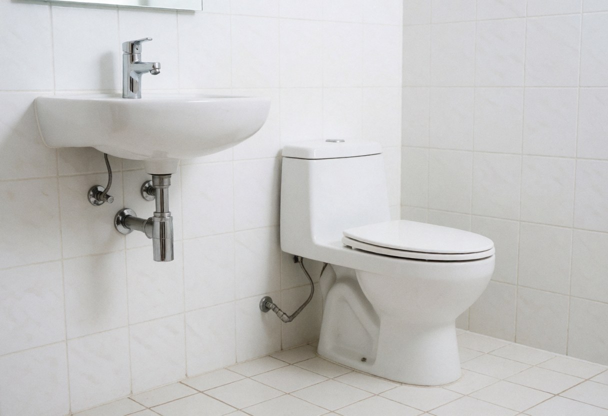 Modern clean bathroom featuring a white toilet, sink, and chrome faucet with white ceramic walls and floor, ideal for plumbing services