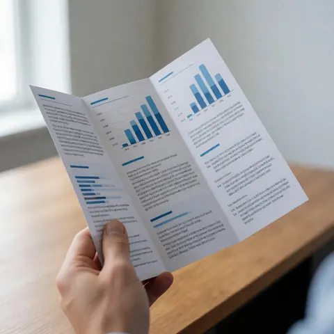 Hand holding an insurance brochure with charts and text on a wooden desk with natural light and blurred background