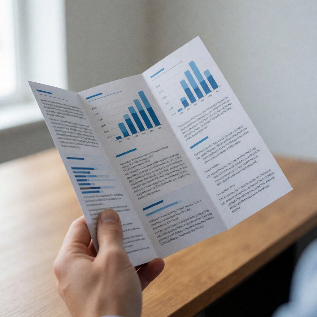 Hand holding an insurance brochure with charts and text on a wooden desk with natural light and blurred background