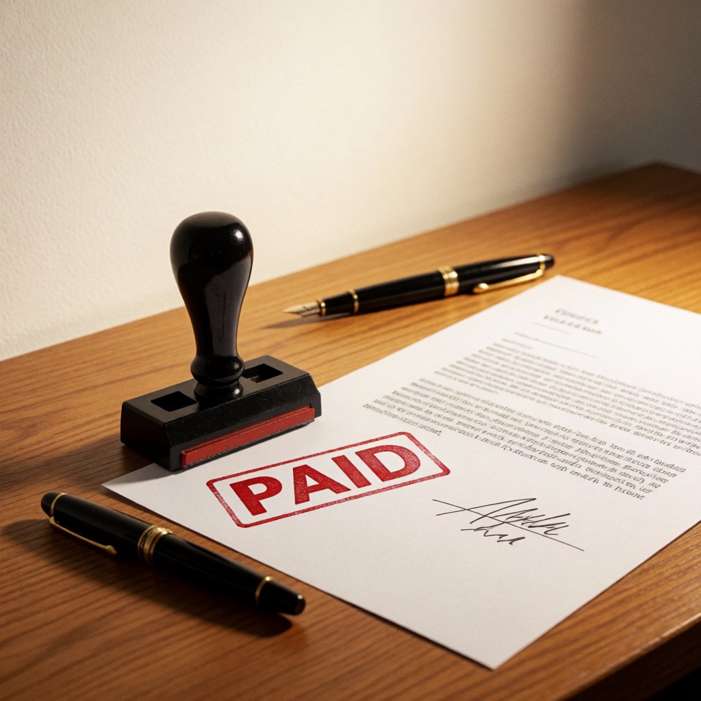 Signed document stamped paid in red ink on a wooden desk with a black pen, warm lighting and soft shadows