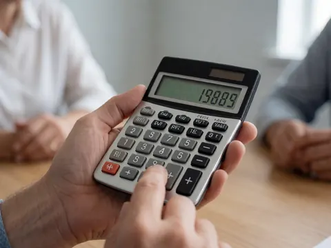 A close-up view of a hand pressing buttons on a calculator placed on a wooden desk, highlighting precise tax and accounting work.
