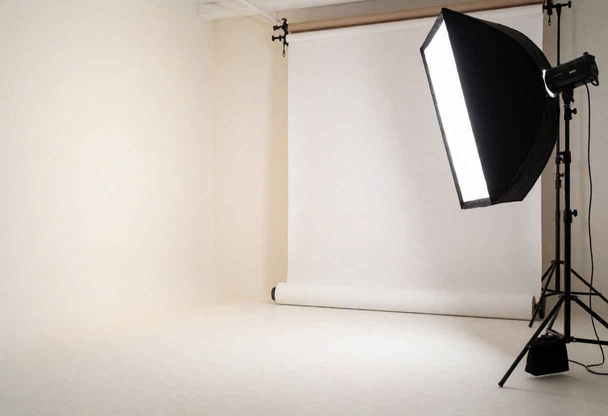 A clean, empty white photography studio with diffused lighting, ideal for commercial product photography and online store visuals