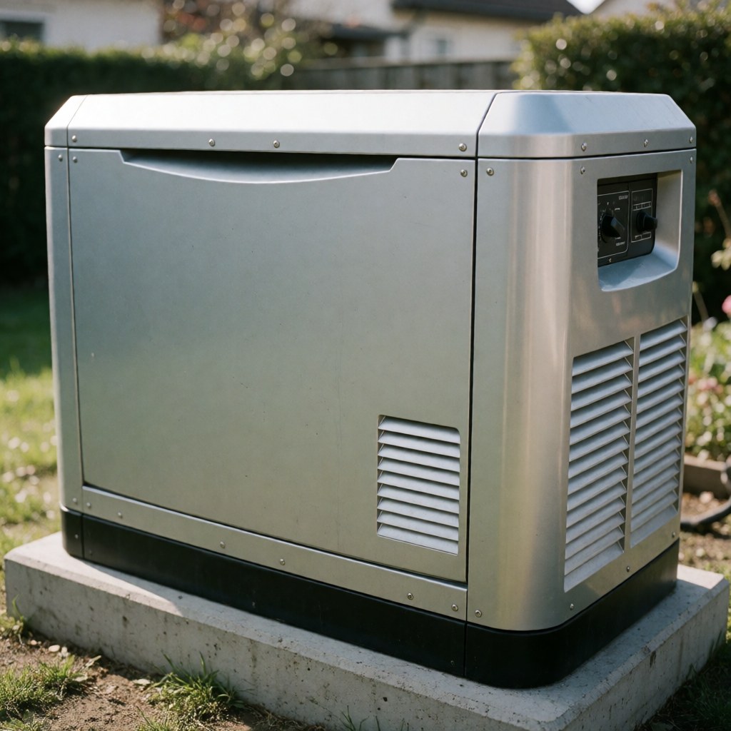 Stainless steel electric generator on concrete base with ventilation and control panel in residential garden with blurred background and natural light