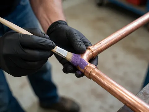A gloved hand uses a brush to apply purple flux to a copper pipe joint, highlighting the preparation for plumbing installation with a blurred background