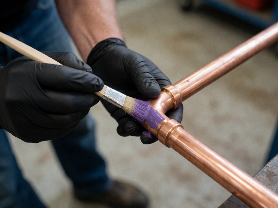 A gloved hand uses a brush to apply purple flux to a copper pipe joint, highlighting the preparation for plumbing installation with a blurred background