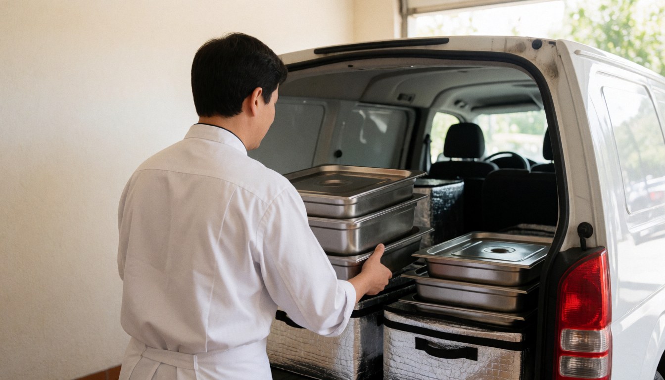 Metal catering trays stacked in a delivery van for professional food service logistics