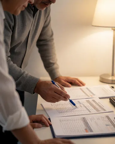 Two professionals examine accounting papers under a desk lamp, with one person pointing to a column in a warm office setting.