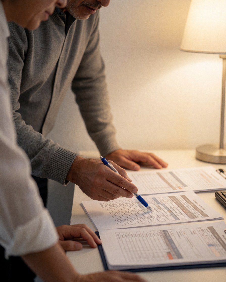 Two professionals examine accounting papers under a desk lamp, with one person pointing to a column in a warm office setting.