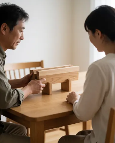 A man and woman sit at a dining table, looking with interest at a wooden centerpiece under soft natural light.