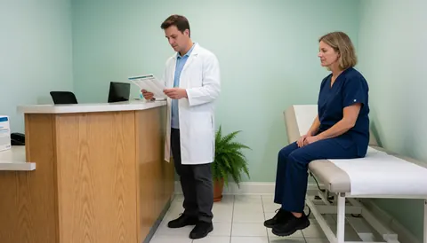 A doctor in a white coat reviews paperwork near the reception while a patient sits on an exam table in a bright, professional medical office.