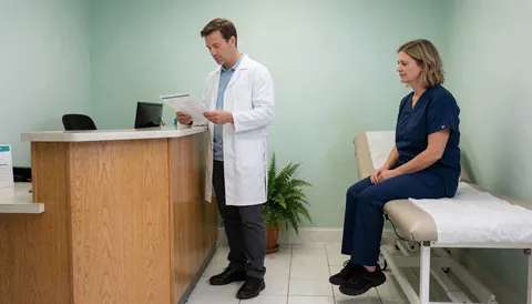 A doctor in a white coat reviews paperwork near the reception while a patient sits on an exam table in a bright, professional medical office.