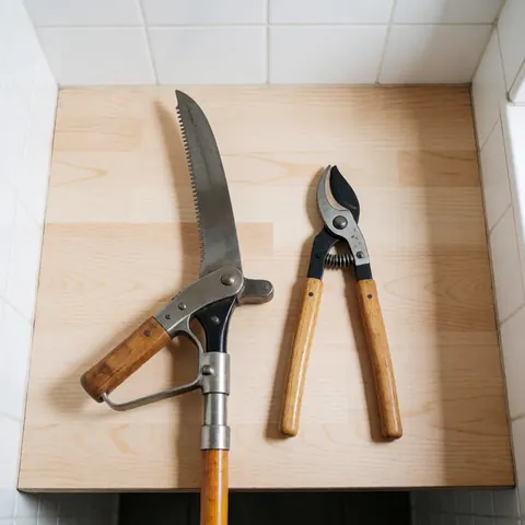 Professional branch pruner and garden shears arranged on a light wooden surface against white tiled walls with bright lighting.