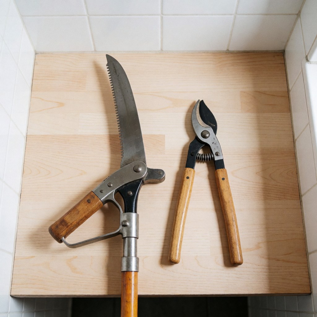 Professional branch pruner and garden shears arranged on a light wooden surface against white tiled walls with bright lighting.