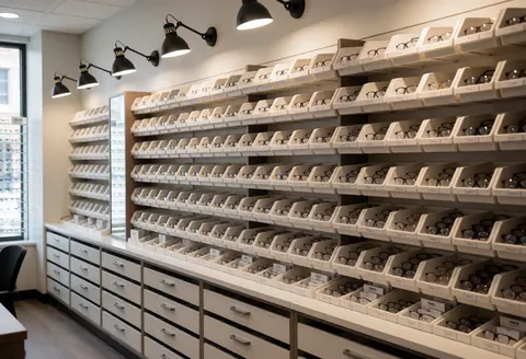 Organized eyeglass shelves in a clean optical shop with professional lighting, showcasing a wide variety of frames and lenses for customers.