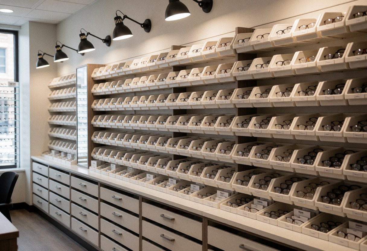 Organized eyeglass shelves in a clean optical shop with professional lighting, showcasing a wide variety of frames and lenses for customers.