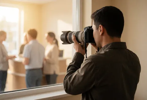 A professional photographer using a telephoto lens to capture moments during a studio session with natural light from a window