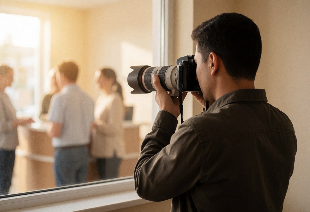 A professional photographer using a telephoto lens to capture moments during a studio session with natural light from a window