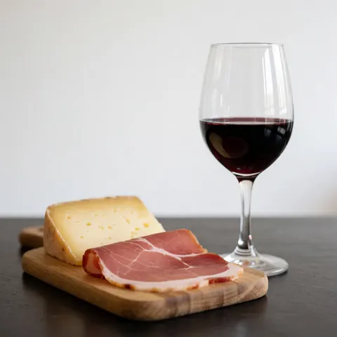 A wooden board featuring sliced ham and cheese paired with a glass of red wine, ideal for bar and cocktail product displays