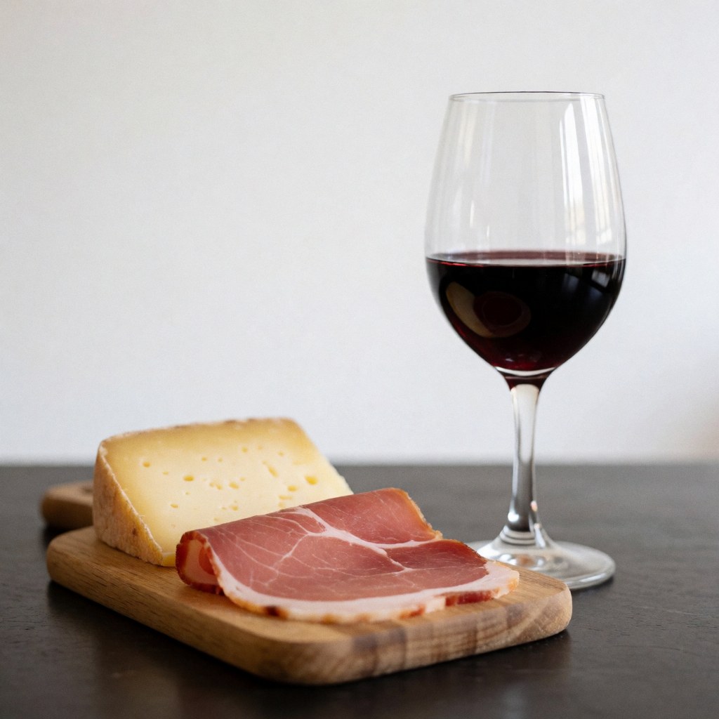 A wooden board featuring sliced ham and cheese paired with a glass of red wine, ideal for bar and cocktail product displays