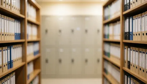 Background of wooden shelves and metal cabinets filled with accounting files, ideal for professional text and presentations.