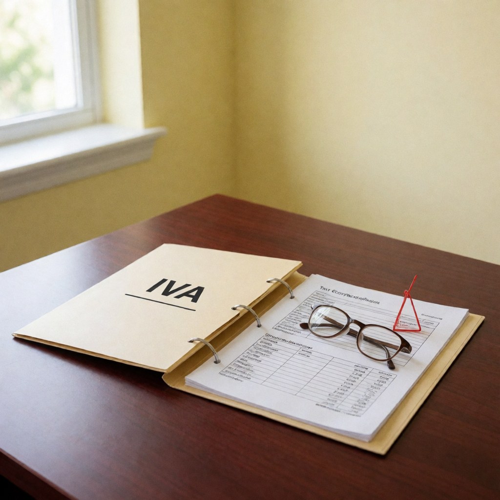 Open VAT file on wooden desk with glasses and red triangle in office with yellow walls for accounting and tax purposes