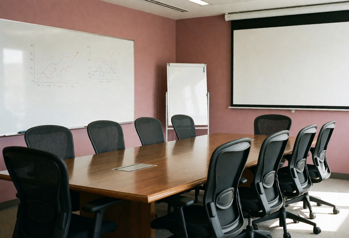 Modern meeting room with wooden table, black chairs, whiteboard with financial charts, and projected screen in a pink-walled office.